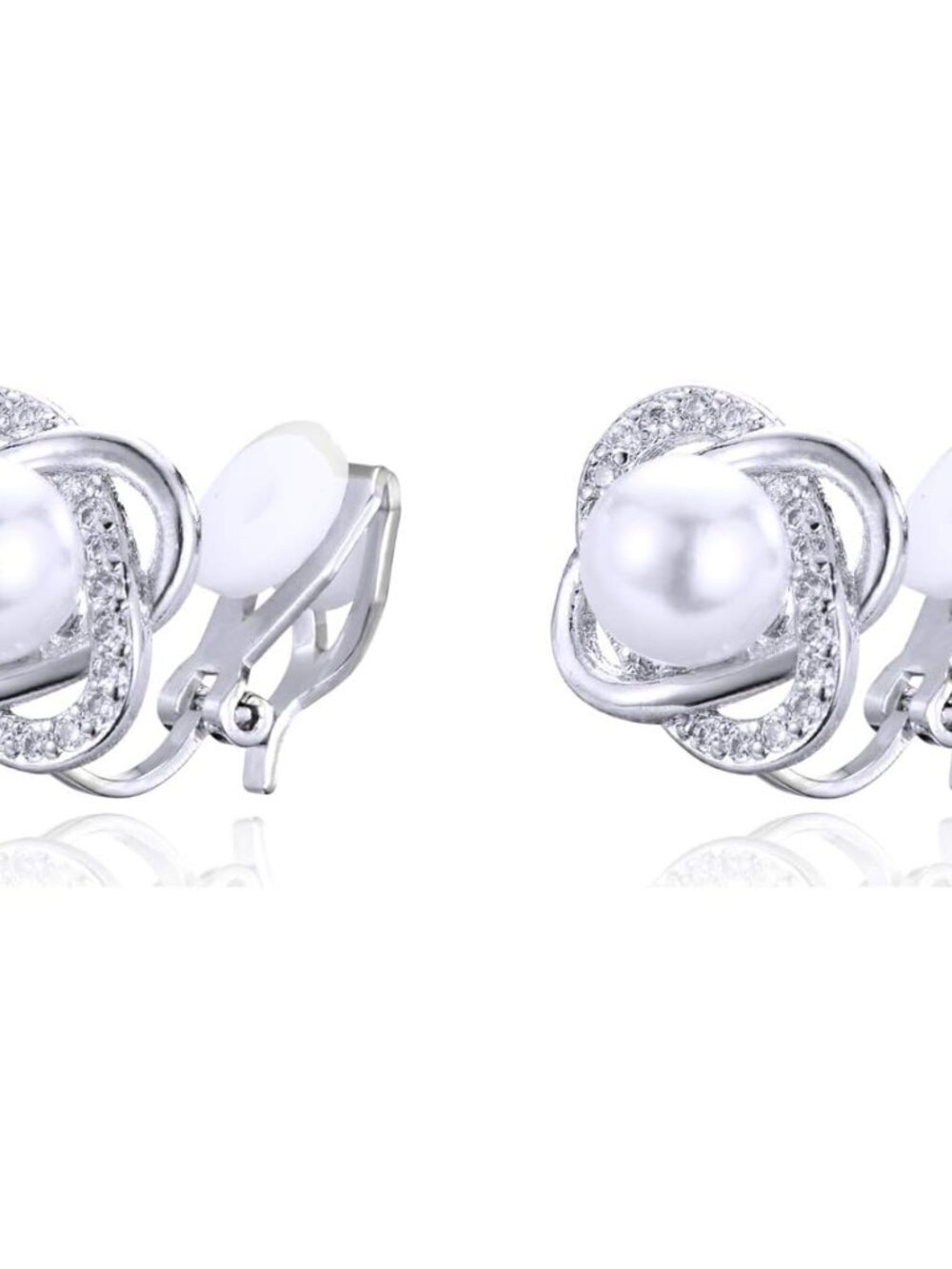 8mm Simulated Pearl Four-leaf Clover Shape Clip On Earrings CZ Crystal Non Pierc